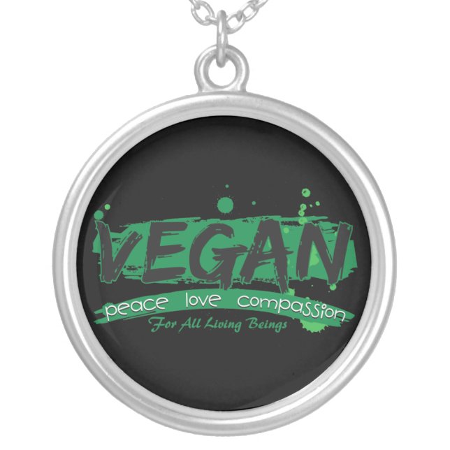 Vegan Peace Love Compassion Silver Plated Necklace (Front)