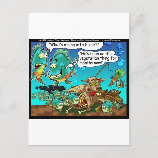 Vegan Pirahanas Funny Offbeat Cartoon Gifts Postcard (Front)