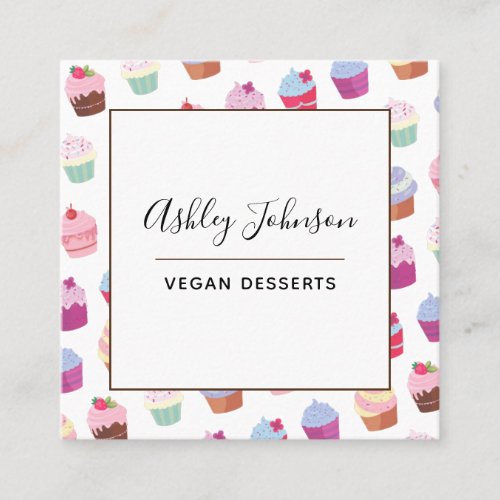 Vegan Plant Based Desserts Cupcake Pattern Social  Square Business Card