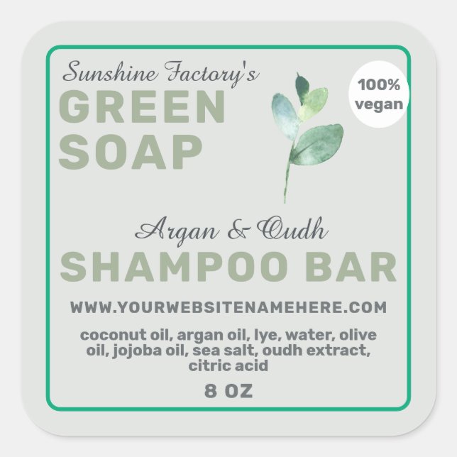Vegan Soap Shampoo Bar Green Square Sticker (Front)