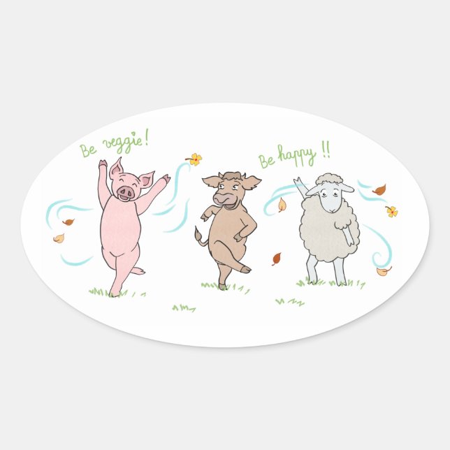 Vegan sticker: pig, cow and sheep oval sticker (Front)