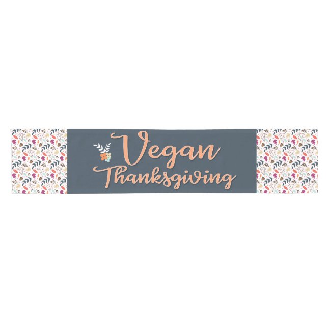 Vegan Thanksgiving blue with orange text floral Short Table Runner (Horizontal)