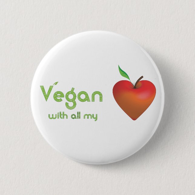 Vegan with all my heart (red apple heart) pinback button (Front)
