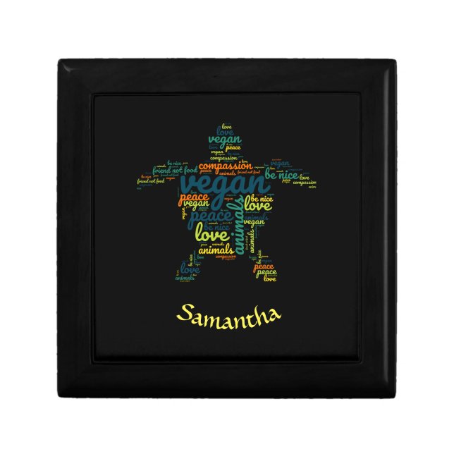 Vegan word cloud in the shape of a turtle gift box (Front)