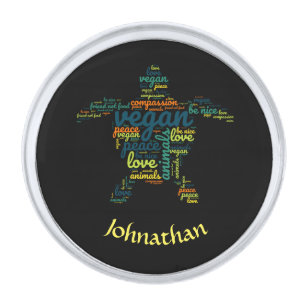 Vegan word cloud in the shape of a turtle silver finish lapel pin