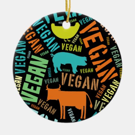 "vegan" Word-cloud Mosaic With A Cow, Pig, Hen. Ceramic Orna