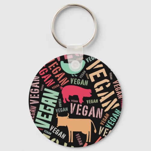 Vegan Word_Cloud Mosaic with Cow Pig  Hen Keychain