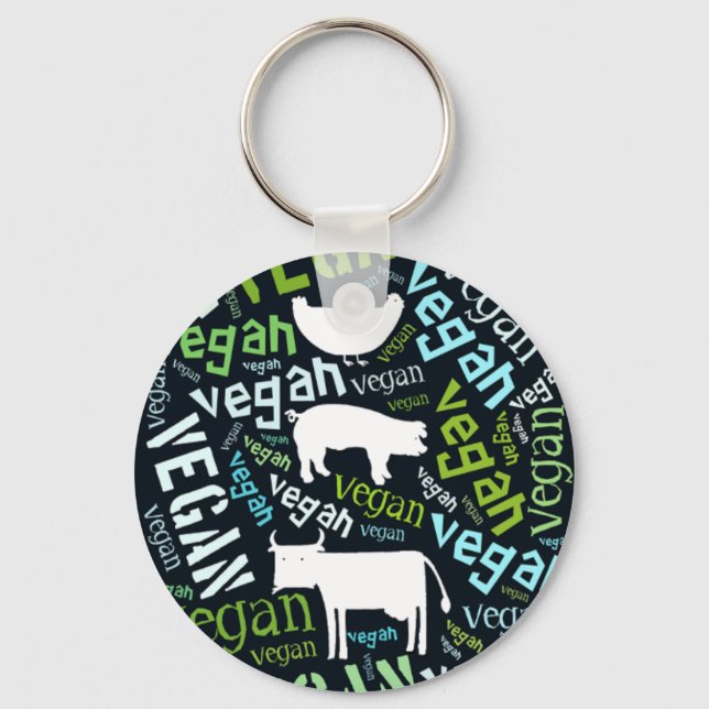 "Vegan" Word-Cloud Mosaic with Cow, Pig & Hen Keychain (Front)