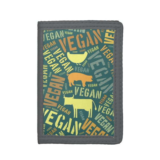 "Vegan" Word-Cloud with Cow, Pig, & Hen Wallet (Front Vertical)