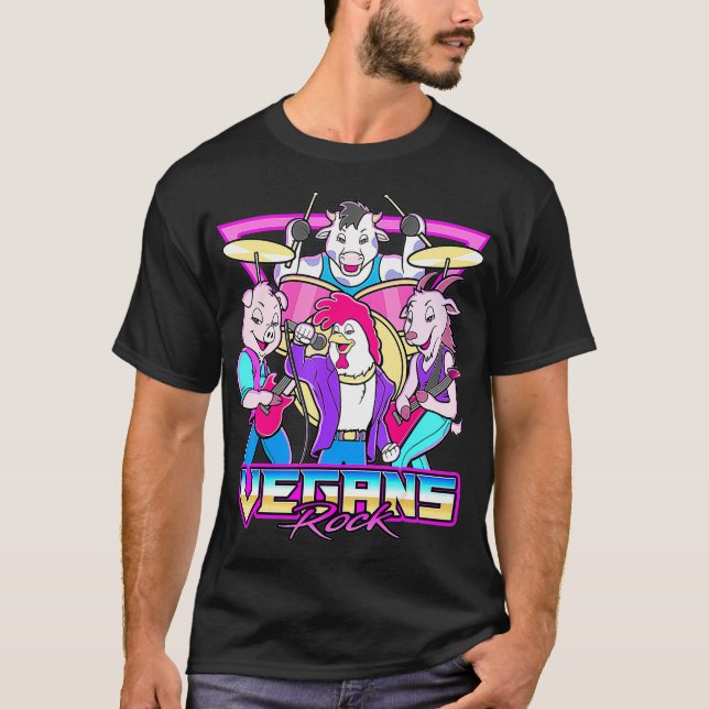 Vegans Rock Funny Vegan Cute Animal Band Retro T-Shirt (Front)