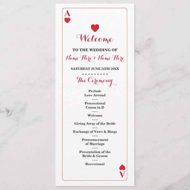 Vegas Casino Ace of Hearts Cards Wedding Program (Front)
