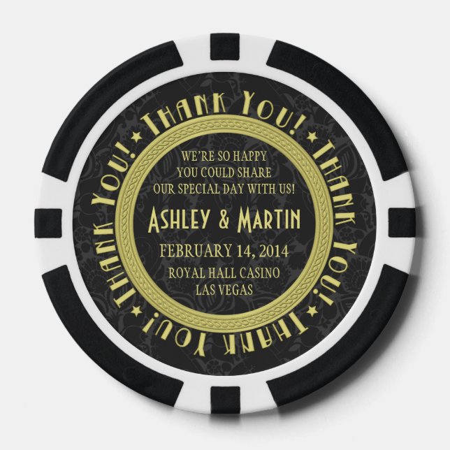 Vegas Casino Black Gold Wedding Thank You Favor Poker Chips (Front)