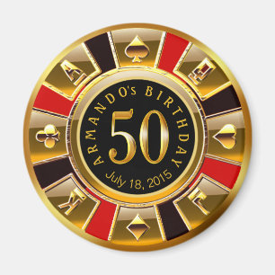 Vegas Casino Chip 50th Birthday   red gold black Magnet