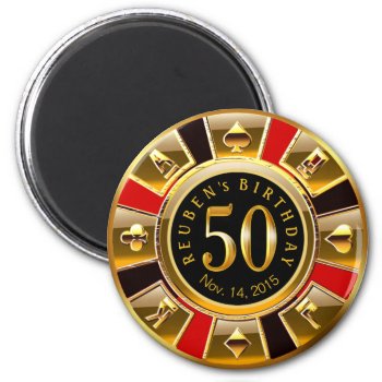Vegas Casino Chip 50th Birthday | Red Gold Black Magnet by glamprettyweddings at Zazzle