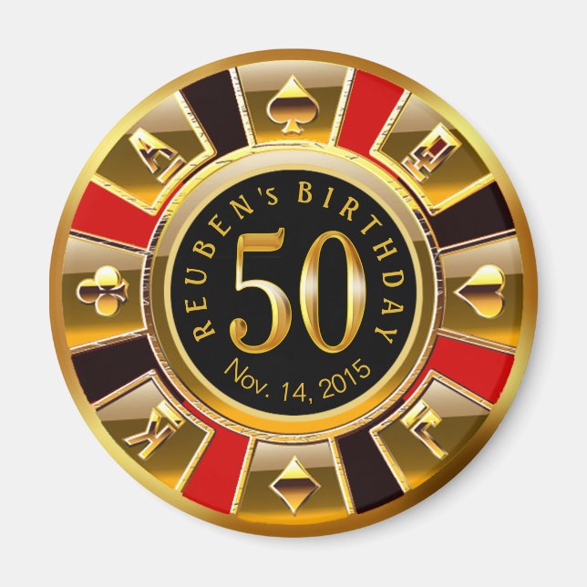 Vegas Casino Chip 50th Birthday | red gold black Magnet (Front)