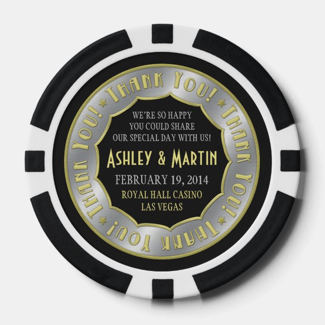 Vegas Casino Gold Silver Wedding Thank You Favor Poker Chips (Front)