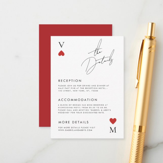 Vegas Casino Playing Card Style Wedding Details (Front/Back In Situ)