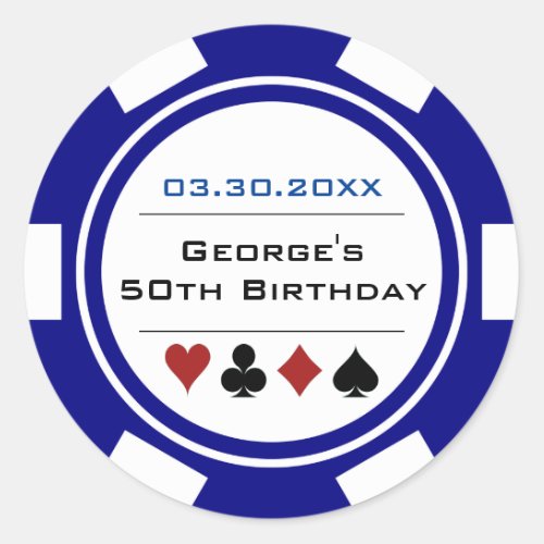 Vegas Casino Poker Chip Navy Blue White Birthday Classic Round Sticker