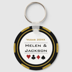 Vegas Casino Poker Chip Navy Blue White Wedding Keychain