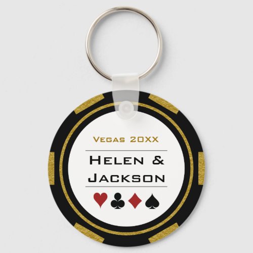 Vegas Casino Poker Chip Navy Blue White Wedding Keychain