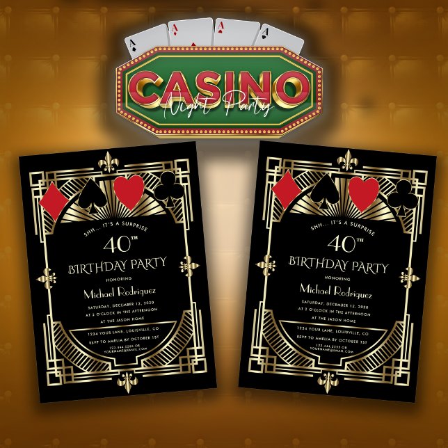 Vegas Casino Royale Great Gatsby 40th Birthday Invitation