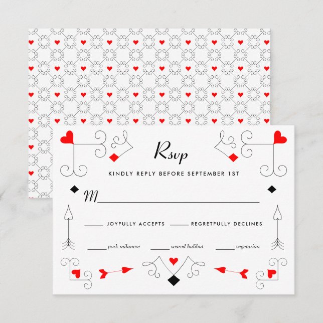Vegas Cupid's Hearts and Diamonds Wedding RSVP Card (Front/Back)