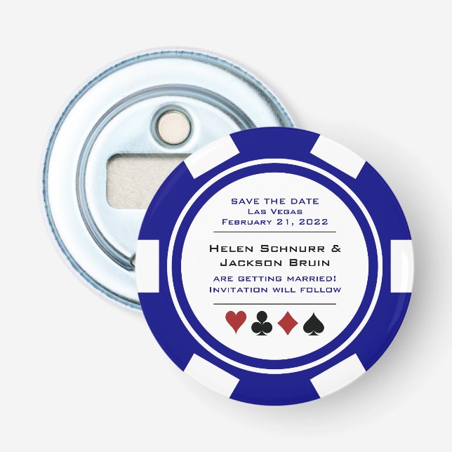 Vegas Navy Blue White Poker Chip Save The Date Bottle Opener (Front)