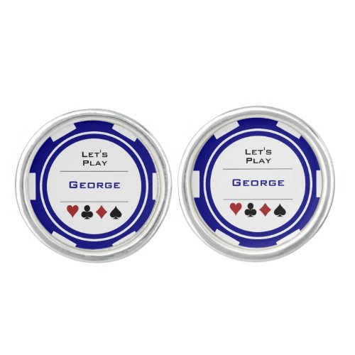 Vegas Poker Chip Navy Blue White Casino with Name Cufflinks