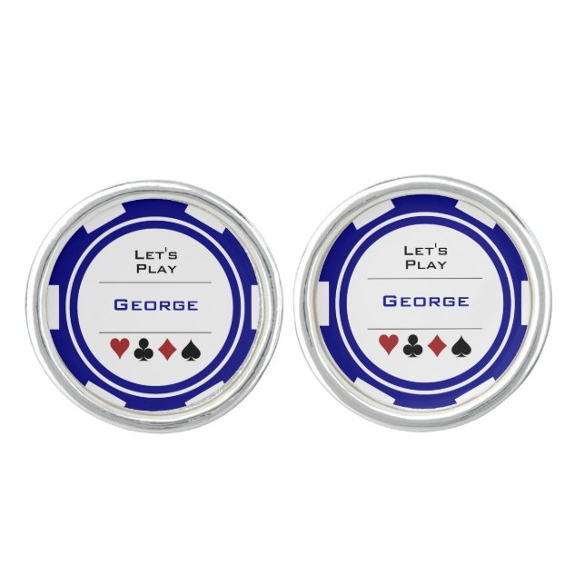 Vegas Poker Chip Navy Blue White Casino with Name Cufflinks (Front)