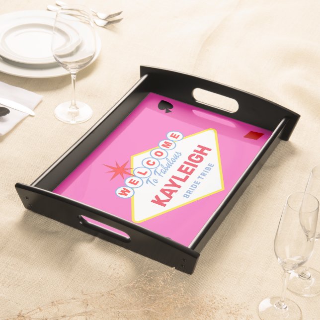 Vegas Sign Hot Pink Personalized Game Night Serving Tray (Front)