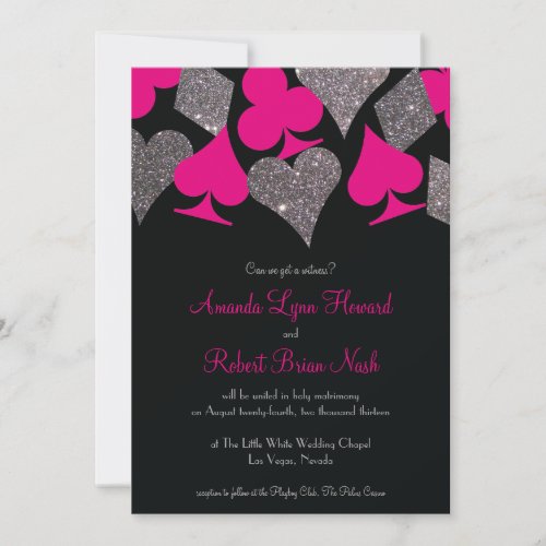 Vegas Wedding Black Hot Pink Silver Faux Glitter Invitation
