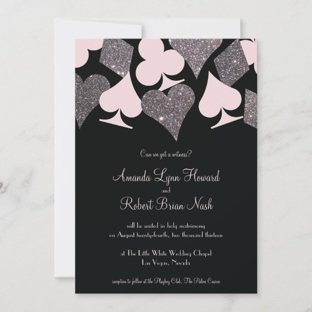 Vegas Wedding Black Pink and Silver Faux Glitter Invitation (Front)