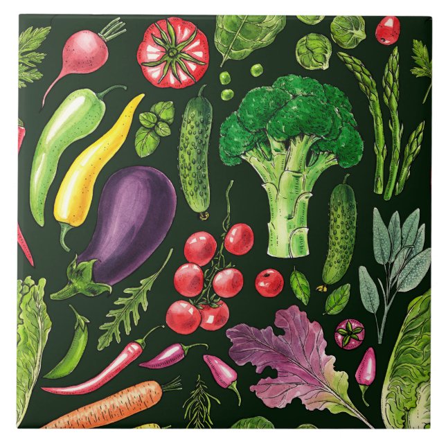 Vegetable and herbs garden harvest on black ceramic tile (Front)