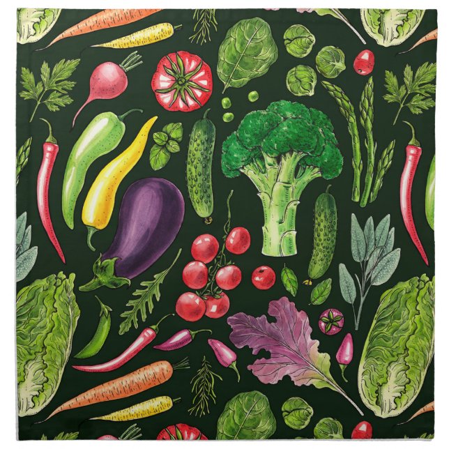Vegetable and herbs garden harvest on black cloth napkin (Front)