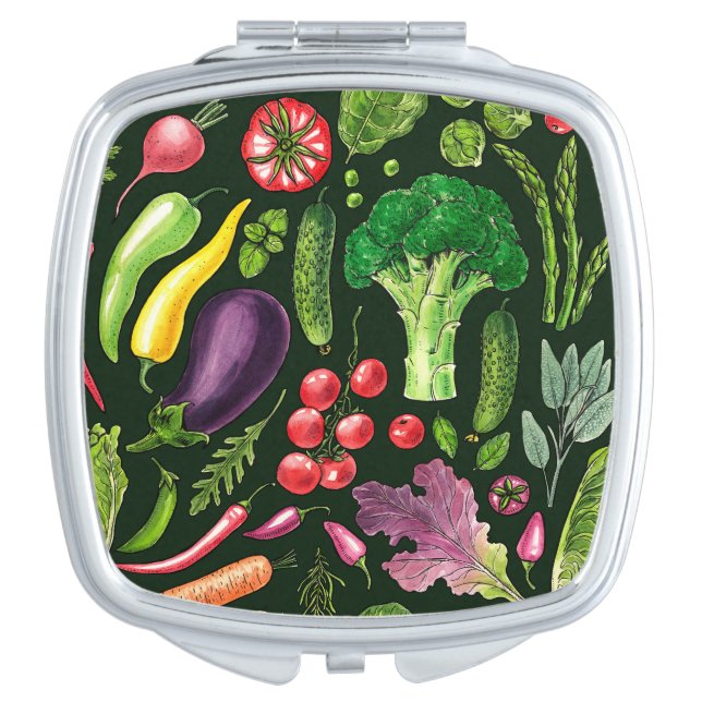 Vegetable and herbs garden harvest on black compact mirror (Front)