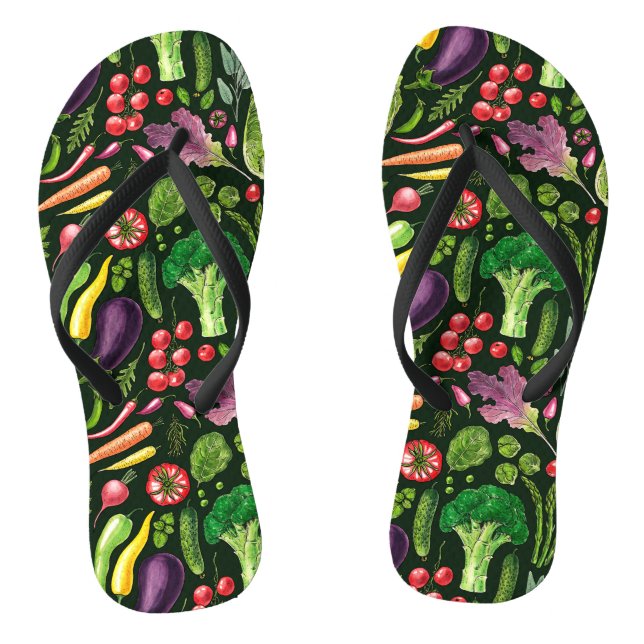 Vegetable and herbs garden harvest on black flip flops (Footbed)