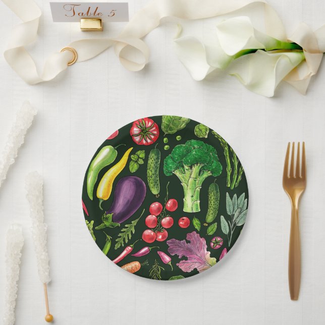 Vegetable and herbs garden harvest on black paper plates (Wedding)
