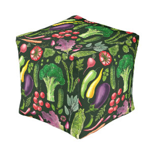 Vegetable and herbs garden harvest on black pouf