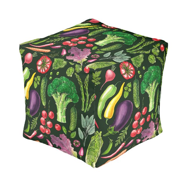 Vegetable and herbs garden harvest on black pouf (Angled Front)