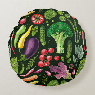 Vegetable and herbs garden harvest on black round pillow