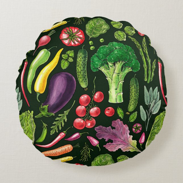 Vegetable and herbs garden harvest on black round pillow (Front)