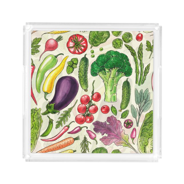 Vegetable and herbs garden harvest on off white acrylic tray (Front)