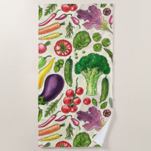 Vegetable and herbs garden harvest on off white beach towel
