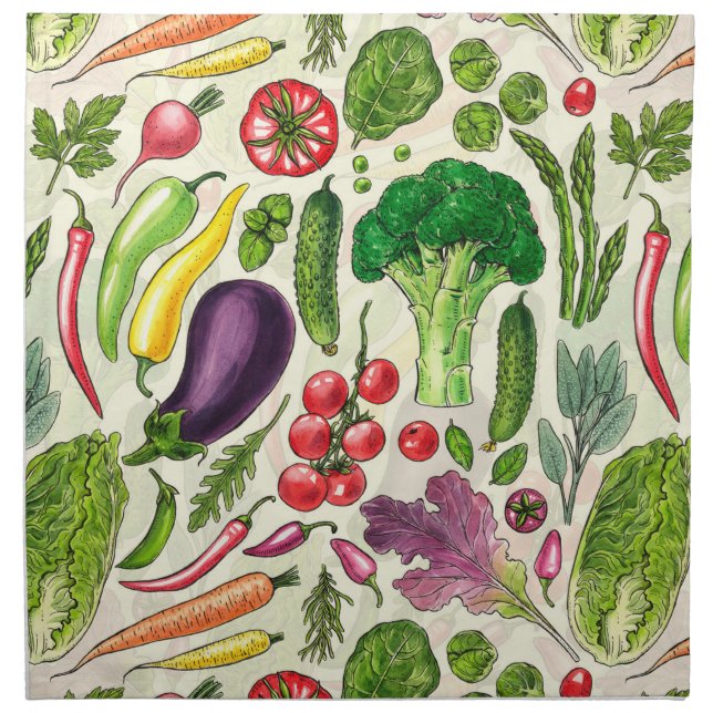Vegetable and herbs garden harvest on off white cloth napkin (Front)