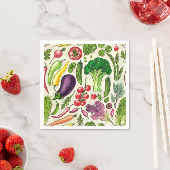 Vegetable and herbs garden harvest on off white napkins (Insitu)