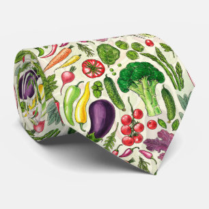 Vegetable and herbs garden harvest on off white neck tie