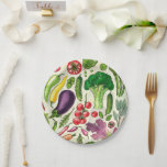 Vegetable and herbs garden harvest on off white paper plates