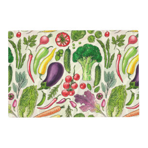 Vegetable and herbs garden harvest on off white placemat