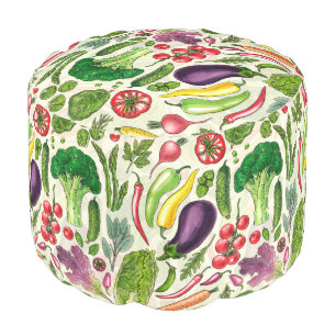 Vegetable and herbs garden harvest on off white pouf