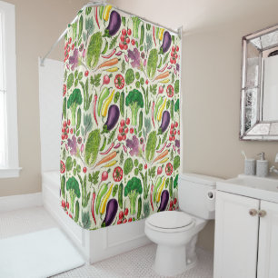 Vegetable and herbs garden harvest on off white shower curtain